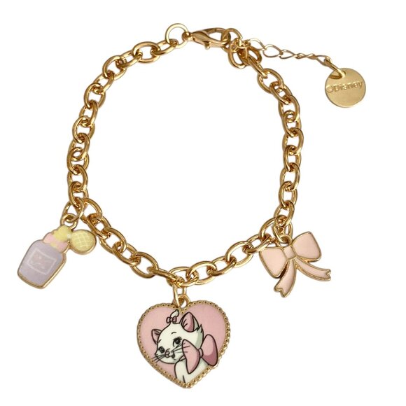 Disney Aristocats Marie Cat Charm Bracelet Heart Bow Signed 7-8" White Gold Tone - Picture 1 of 10